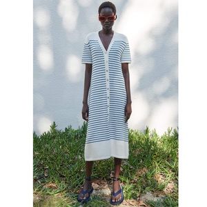 Zara Blue/White Striped Button Down Knit Dress